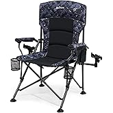 X Strike Oversized Folding Fishing Chair with Rod Holder Heavy Duty 350LBS, Feet Adjustable Padded Camping Chair with Cup Holder Side Pocket Hard Armrest