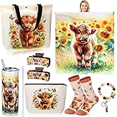 FoldTier 8 Pcs Highland Cow Gifts for Women Sunflower Highland Cow Lover Stuff with Tumbler Blanket Canvas Tote Bag Makeup Bag Socks Keychain Hair Claw Gift for Women Mom Sister Coworker Friend