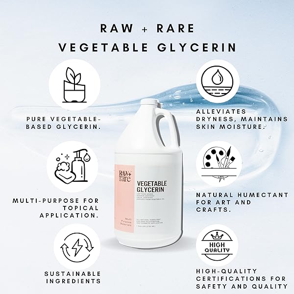 RAW PLUS RARE NATURAL GLYCERIN FOR SKIN AND FACE, BULK GALLON (128 FL OZ), USP FOOD GRADE/COSMETIC GRADE, FOR HAIR, SKIN, CRAFTS, SOAP BASE OIL – KOSHER, HALAL AND PHARMACEUTICAL GRADE