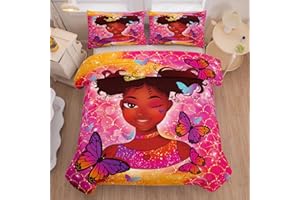 Tailor Shop Kawaii African American Black Girl Comforter Set Pink and Red Bedding Sets for Girls Kids Cute Magic Black Girl Bedding Set Mermaid Butterfly Comforter Full Size with 2 Pillowcase…
