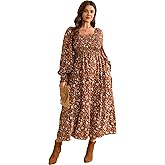 RWJ Women's Plus Size Fall Dress Long Sleeve Square Neck Floral Print Smocked A Line Boho Flowy Maxi Dresses with Pockets
