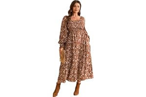 RWJ Women's Plus Size Fall Dress Long Sleeve Square Neck Floral Print Smocked A Line Boho Flowy Maxi Dresses with Pockets