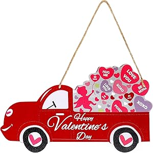 Jetec Happy Valentine's Day Wooden Sign Vintage Truck Decor Door Sign Wall Hanging Decorations for Valentine's Day, Wedding, Party, Anniversary, Home Decoration, 11.8 x 6.7 Inch