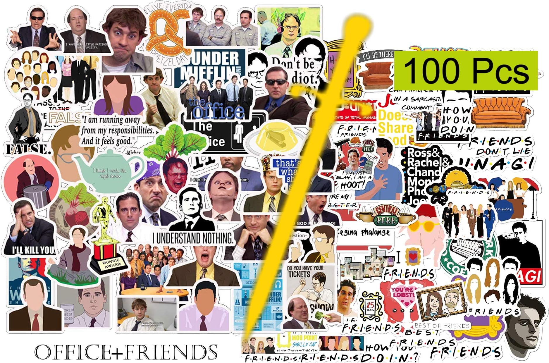 The Office and Friends Stickers (100Pcs 2 in 1).Gifts Merchandise TV Show The Office Friends Gifts Random Merch Office Friends Sticker Party Supplies for Laptop Graffiti