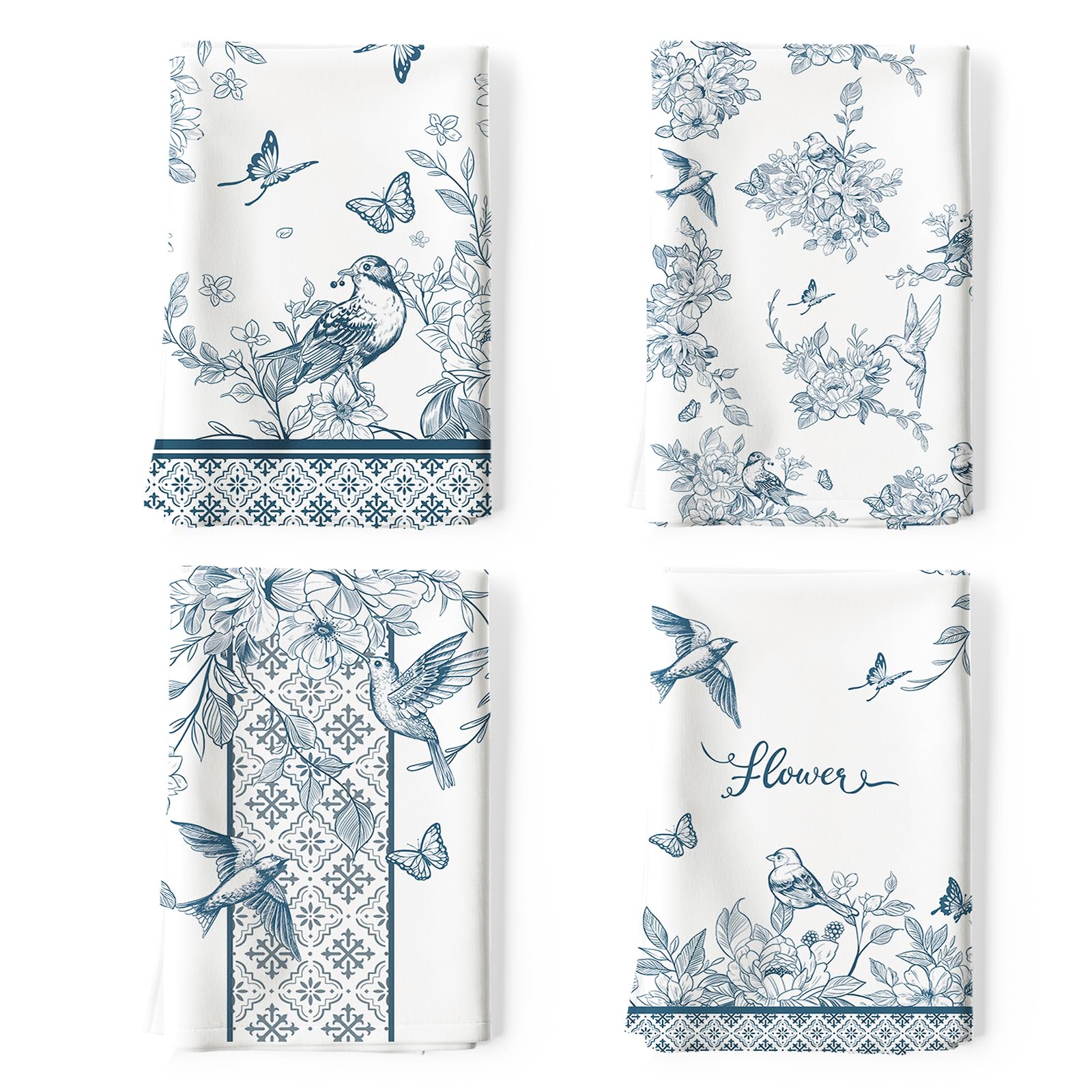 Arquiel Blue Bird and Flower Dish Towels 100% Cotton Kitchen Towel Set 50 x 70 cm, Multifunctional Quick Dry Dish Cloths, Kitchen Cloths