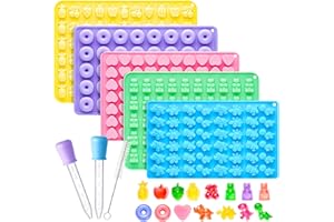 Silicone Gummy Molds Set of 5, Non-Stick Candy Chocolate Molds with 2 Droppers 1 Clean Brush, Includes Dinosaur Bear Donut Fr