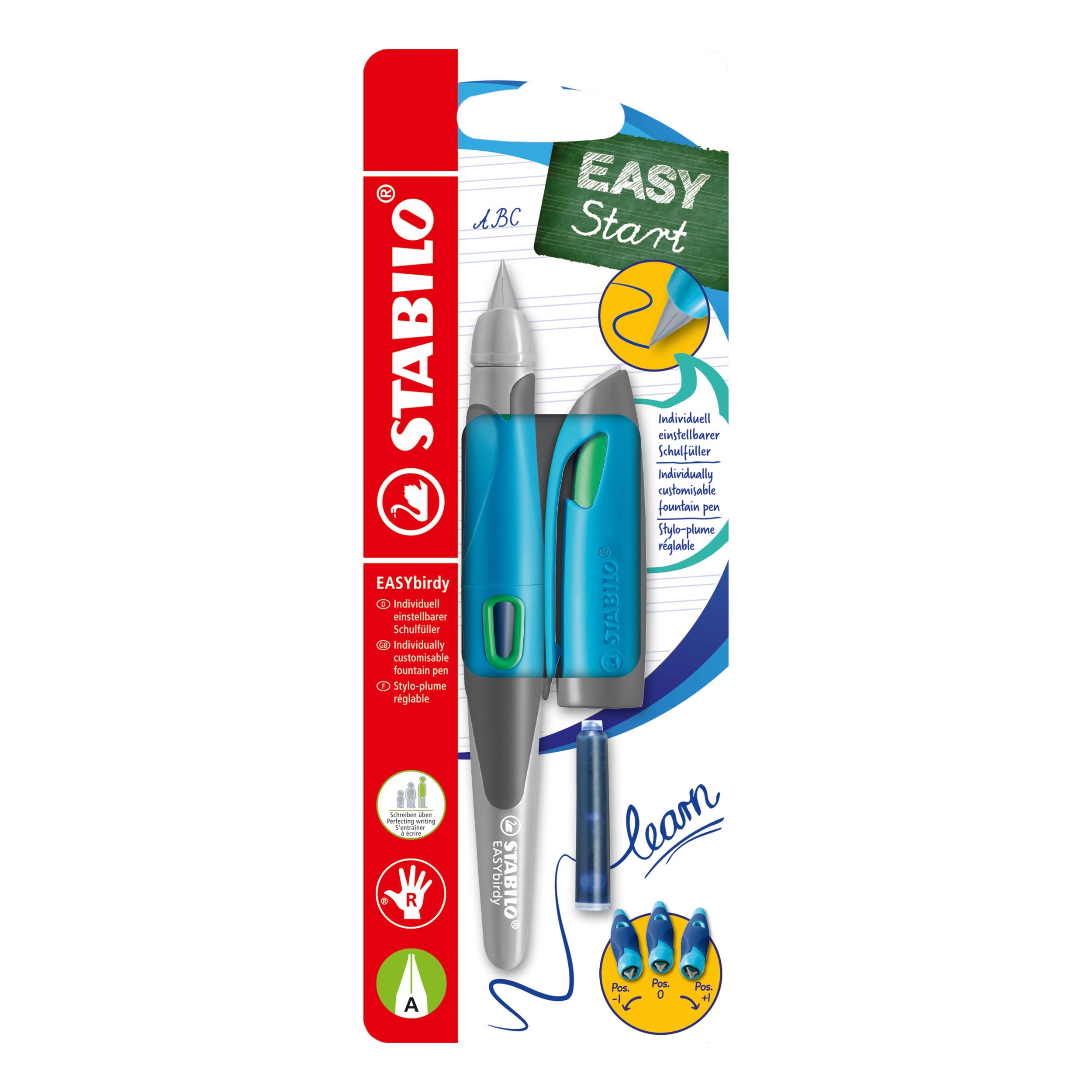 STABILO Ergonomic School Fountain Pen EASYbirdy - A Nib - Right Handed - Sky Blue/Grass Green — image 1