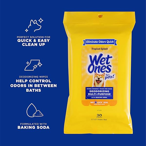 WET ONES FOR PETS DEODORIZING MULTI-PURPOSE DOG WIPES WITH BAKING SODA DOG DEODORIZING WIPES FOR ALL DOGS IN TROPICAL SPLASH SCENT,WET ONES WIPES WITH WET LOCK SEAL POUCH DOG WIPES(PACK OF 1,30 COUNT)