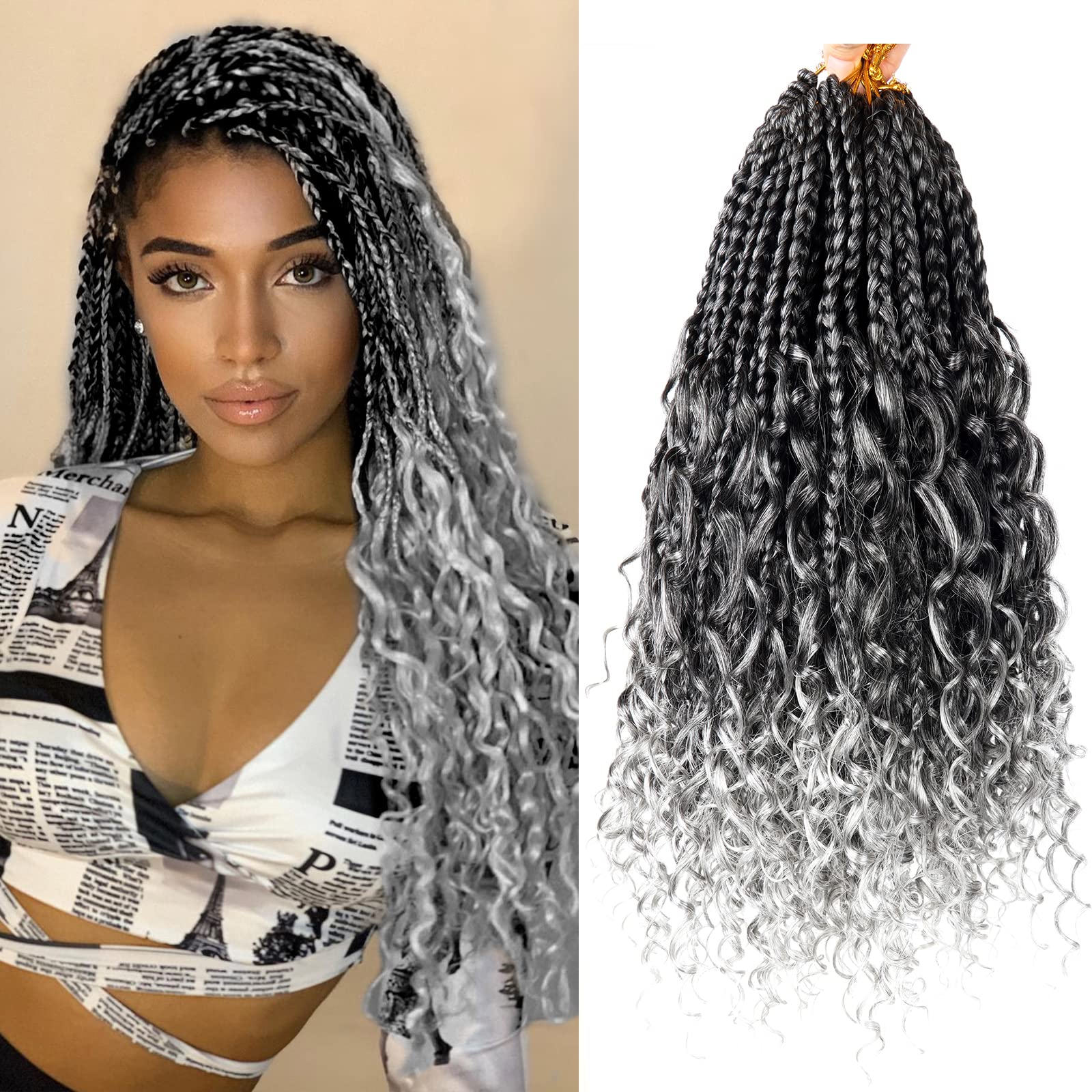 View 1 of Goddess Box Braids Crochet Hair With Curly Ends 14 Inch Bohomian Box Braids Crochet Braids 8 Packs 3X Crochet Braids Synthetic Braiding Hair Extension for Black Women(14 Inch (Pack of 8), T-Grey)………