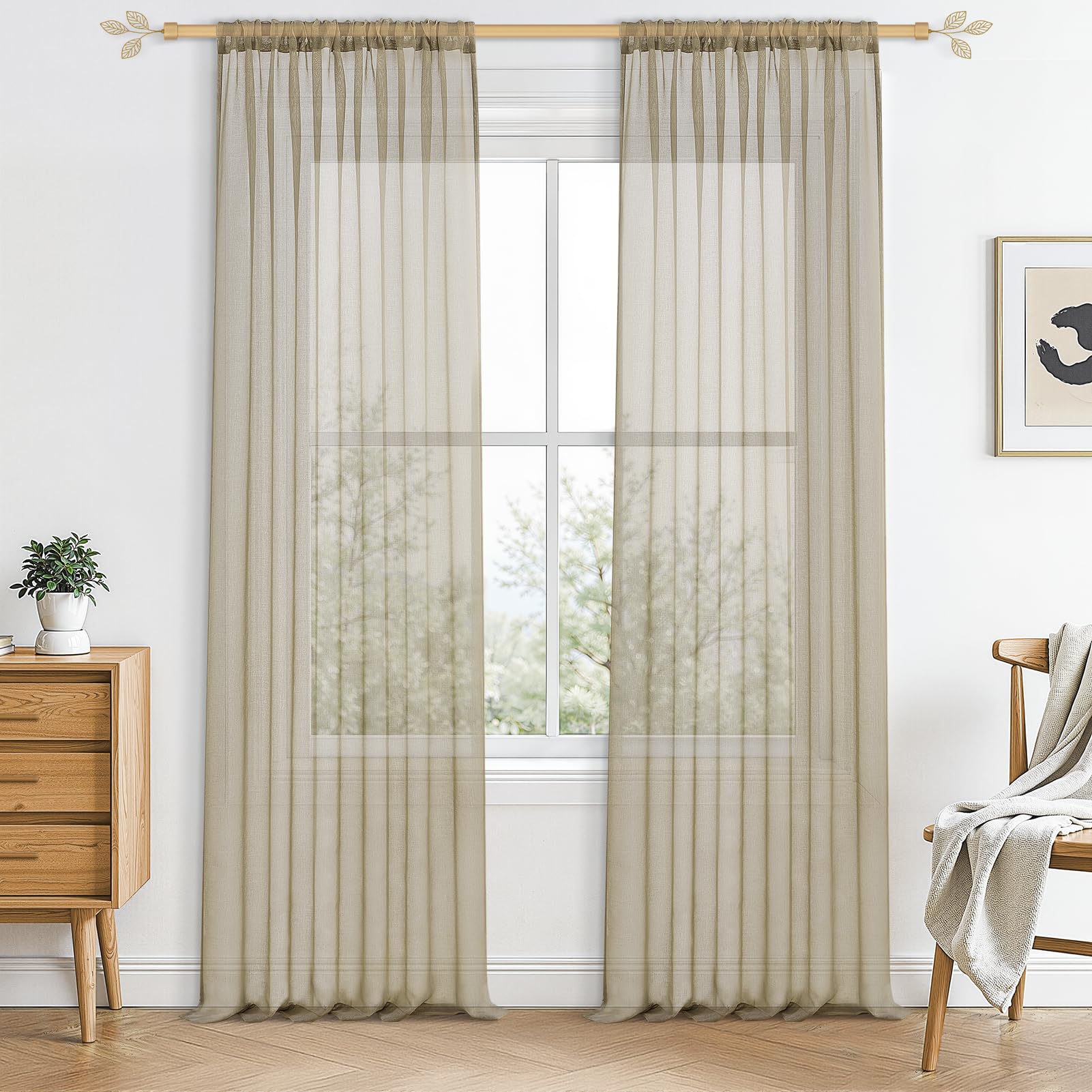 CUTEWIND Pair of Modern Beige/Ivory Drop Sheer Curtains 102 Inch Length Voile Top Curtains for Warm Cafe Window Bedroom Living Room Balcony Nursery Decor Rod Pocket 2 Panels(Beige,55" x 102")