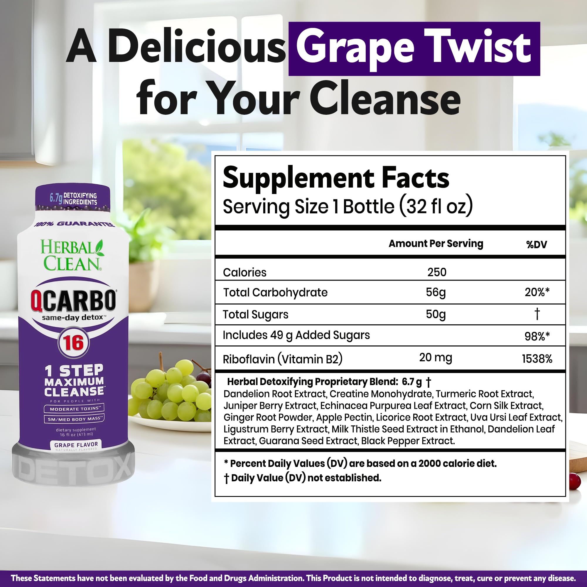 Herbal Clean Qcarbo16 Same-Day Detox Cleanse Drink (16 fl oz) - Grape Flavor Full Body Cleanse* Detox Drink for Moderate Toxin Level*, Vitamin B2 and Vitamin B12 for Men & Women
