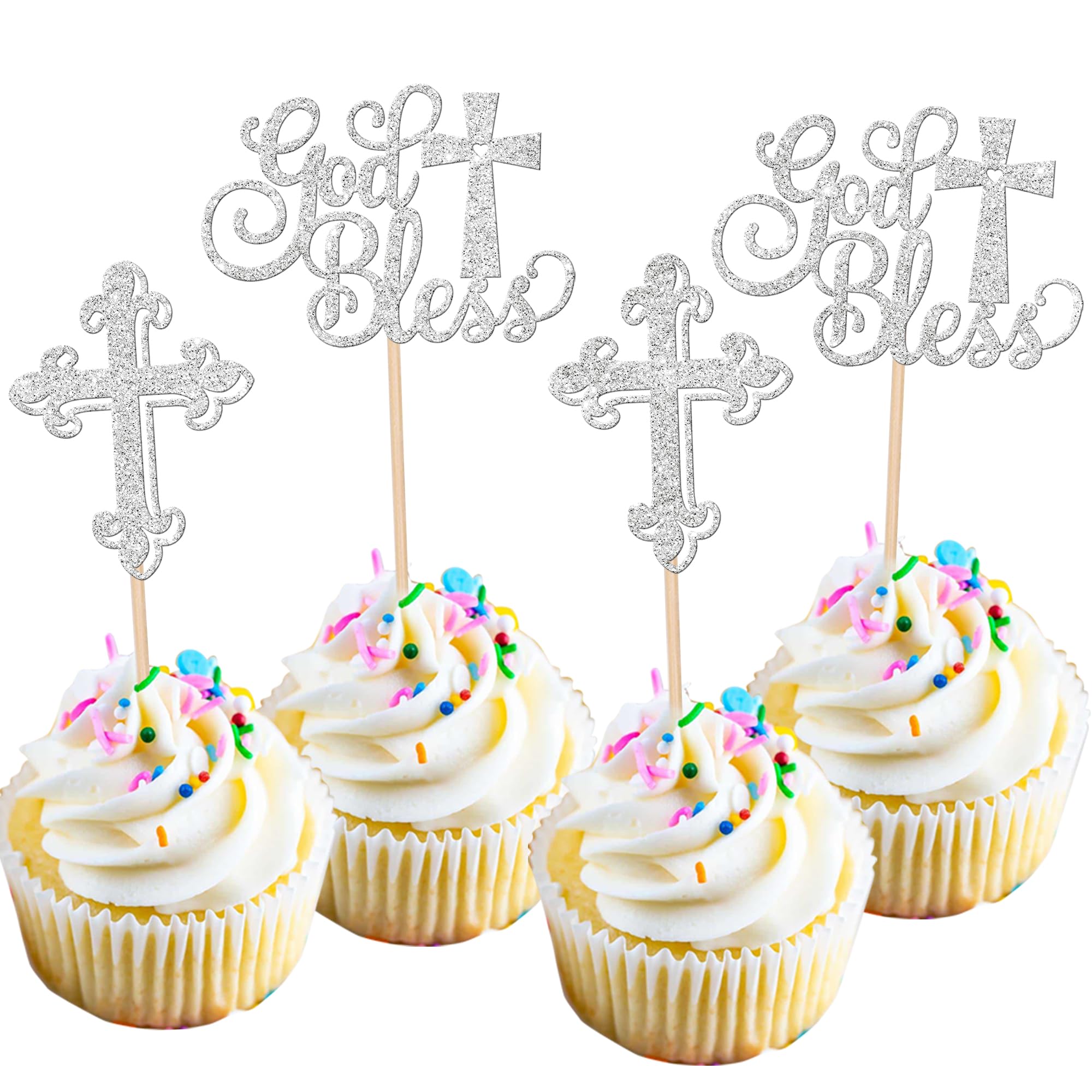 Xsstarmi 24 Pack God Bless Cupcake Toppers Glitter Baby Baptism Cupcake Picks Cross Christian Cupcake Decorations for First Communion Baby Shower Party Cake Decorations Silver