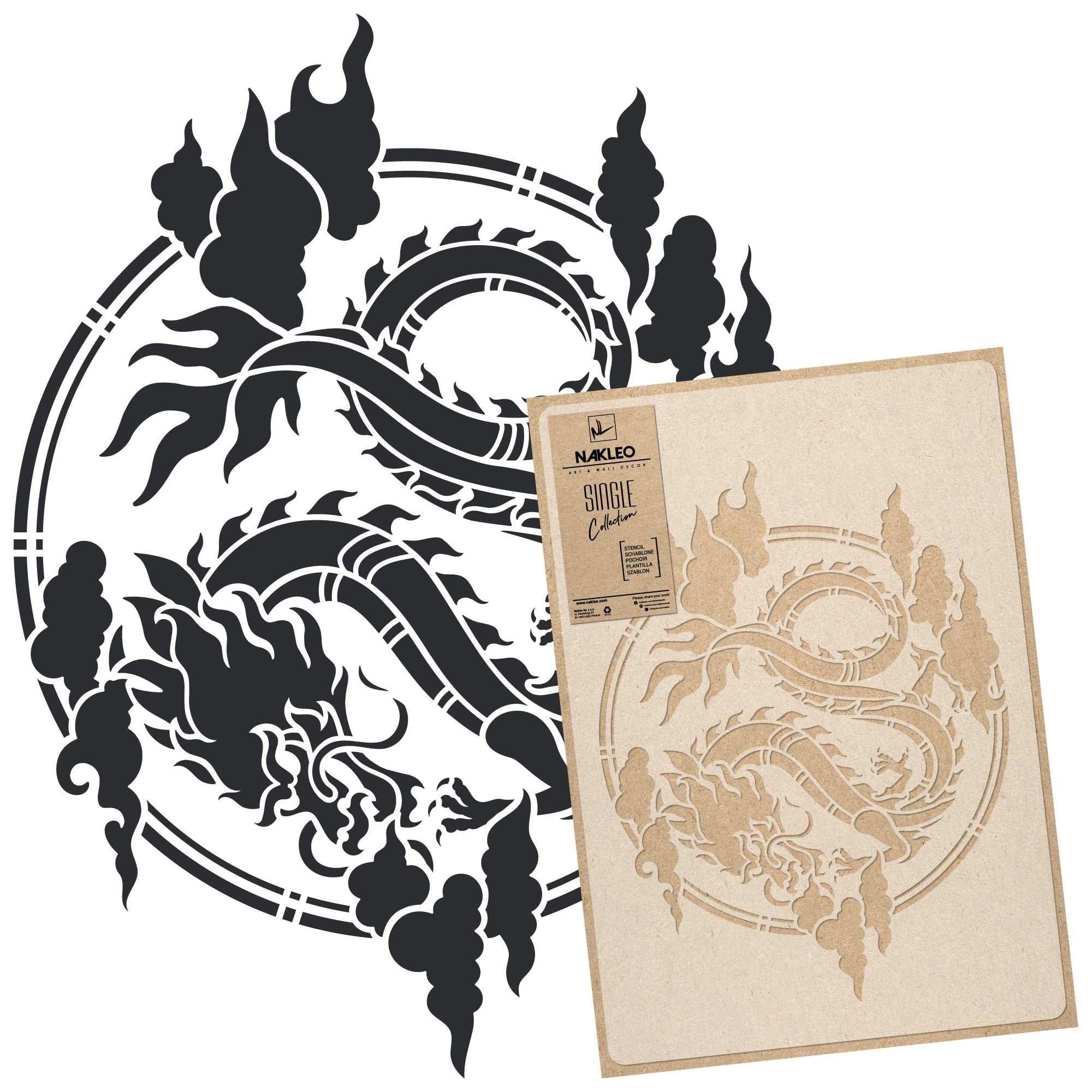NAKLEO Large Wall Painting Stencil 43x64 cm, Chinese Dragon Circle Pattern, Reusable Plastic Template, DIY Art and Craft Home Decor, Floor Wood Fabric Furniture — image 1