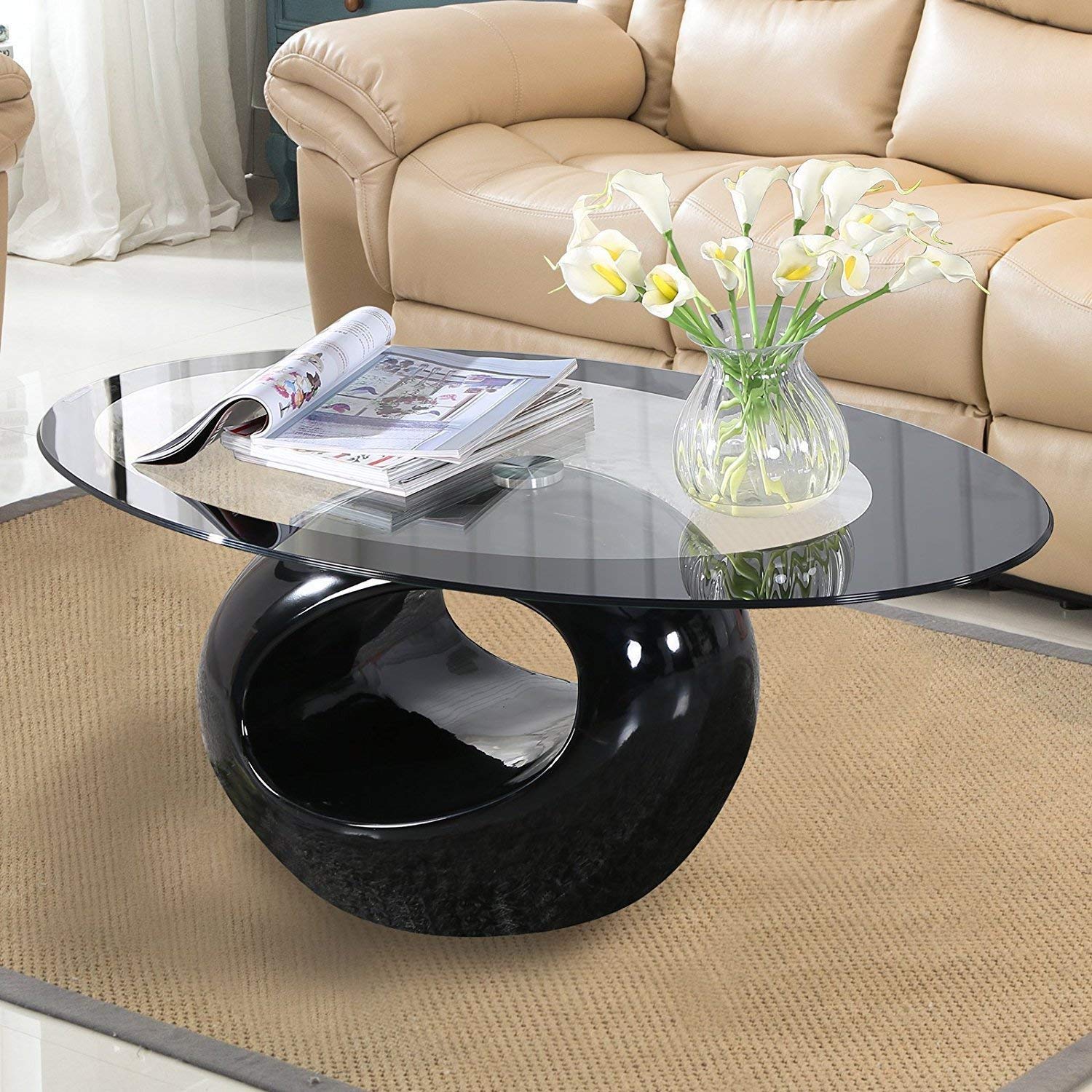 mecor Black Oval Glass Coffee Table with Round Hollow BaseModern End