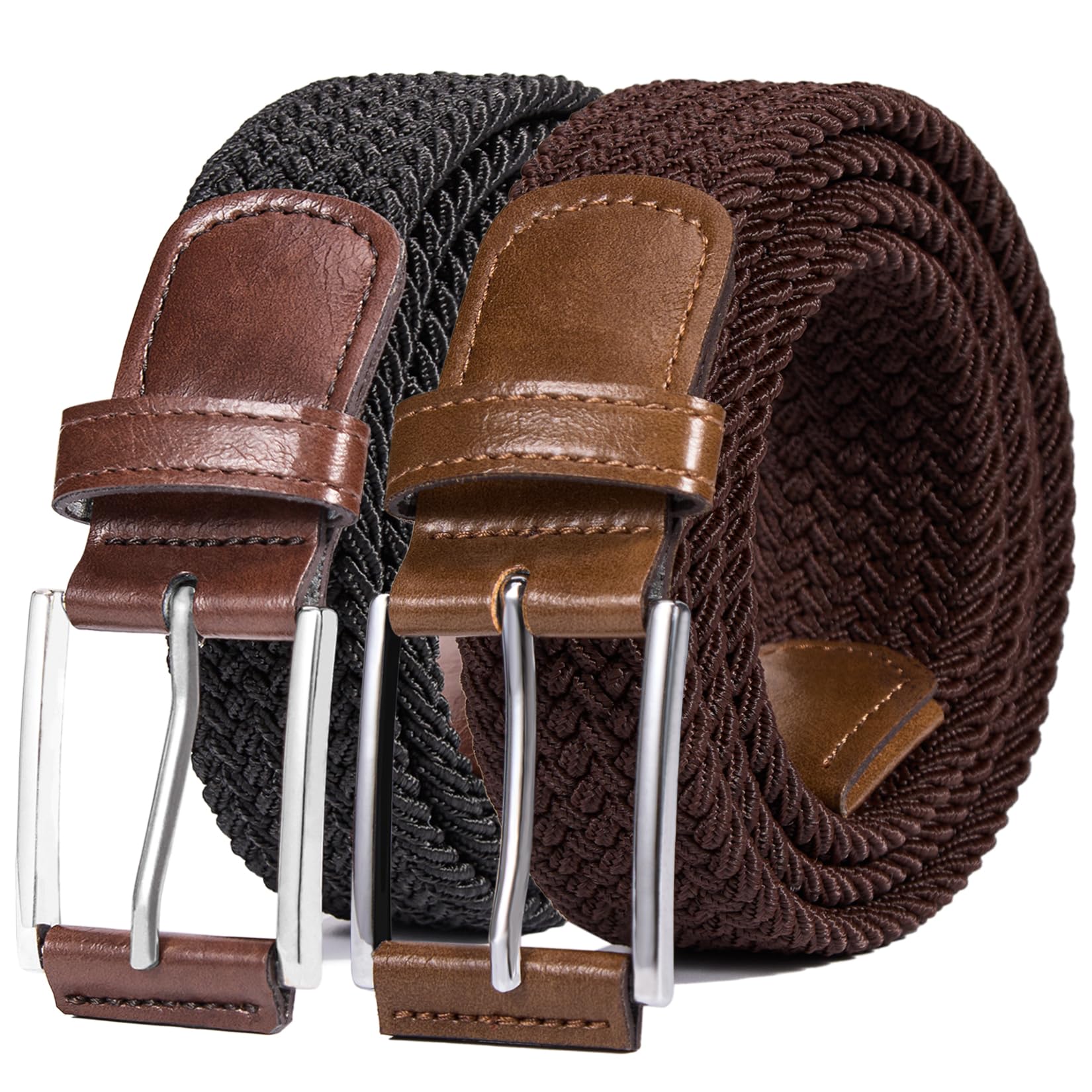 Photo 1 of DENGFENGZHE Belt for Men, 1 3/8" Mens Gift Stretch Braided Web Belt Elastic for Casual Golf Jeans, 2 Pack (Black+Dark brown, 42" to 48" Waist Adjustable)