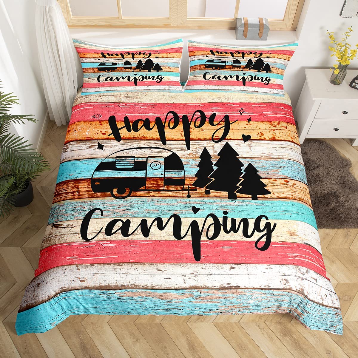 richhome Camping Truck Bedding Set for Boys Youth Teens Single Red Blue Stripes Barn Door Comforter Cover bedding & linen Duvet Cover Kids Girls RV Camper Happy Trip Printed Bedspread Cover