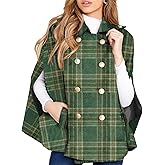 Womens Plaid Jacket Double Breasted Winter Cape Coats Turn Down Poncho with Pockets
