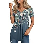 Zeagoo V Neck Short Sleeve Shirts for Women Dressy Casual Blouses Pleated Summer Tunic Tops