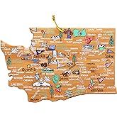 Totally Bamboo Washington State Shaped Cutting Board and Charcuterie Serving Platter with Artwork by Fish Kiss, Includes Hang Tie for Wall Display
