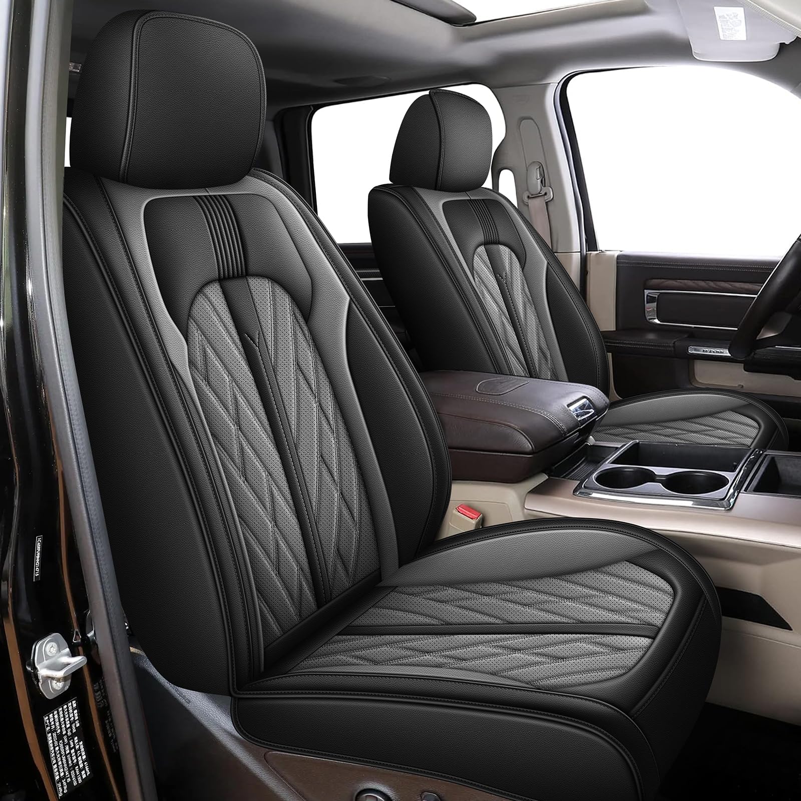 Photo 1 of *Driver and Passenger only* IKABEVEM Seat Covers Fit for Dodge RAM 1500 2002-2024 2025 2026: Compatible with RAM 1500 2500 3500 Car Seat Cover Truck Pickup Crew Double Quad Cab (Curved Bench, Front Seat, Black & Grey)