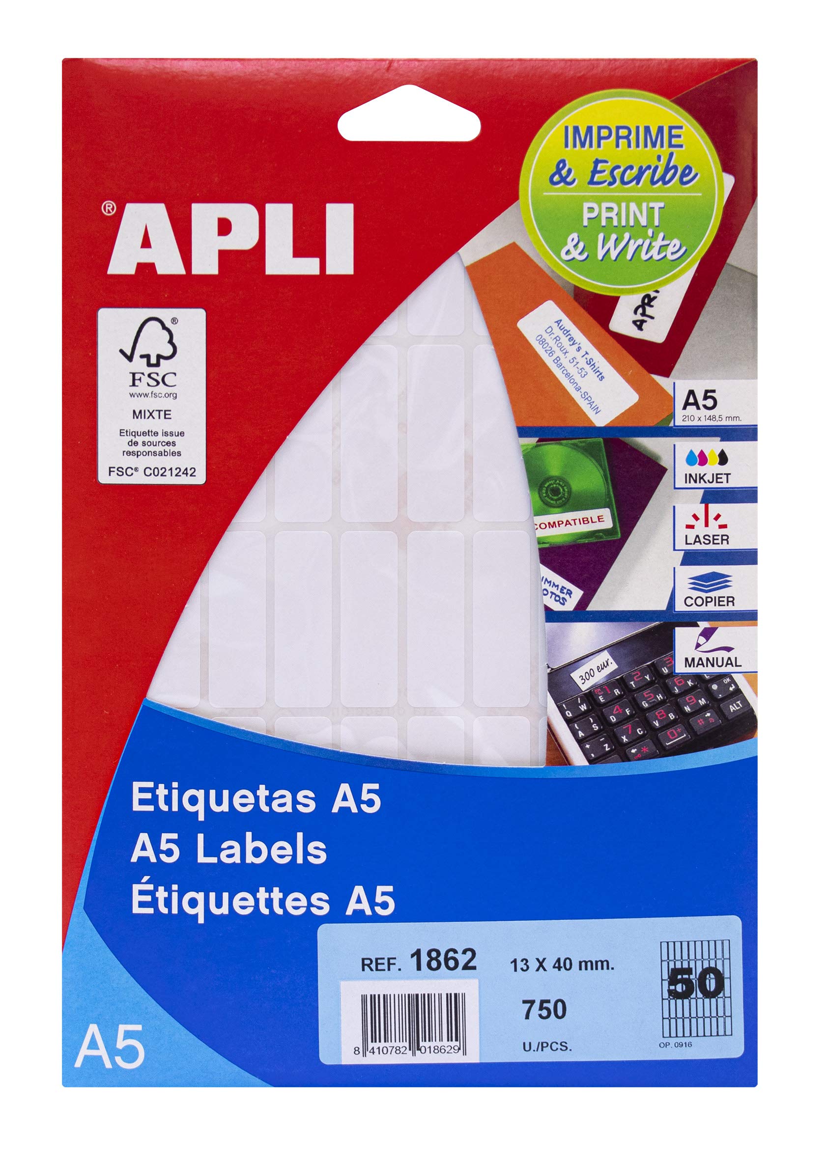 APLI 1862 - A5 White Labels 13x40mm 15 Sheets