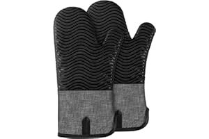 BONTHEE Oven Mitts Heat Resistant Oven Gloves for Kitchen Pot Gloves Mittens with Anti-Slip Silicone Stripe Cooking Gloves for Baking - Black - Set of 2