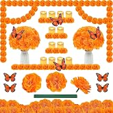 50Pcs Dia De Los Muertos Decorations Day of The Dead Decor Ofrenda Set | 50 PCS Artificial Marigold Flowers with Stems, 12 PCS Butterfly Decorations, 12 PCS Tea Lights for Altar and Diwali Decor
