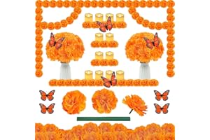 ATTMU Day of The Dead Decorations Set, 50 PCS Artificial Marigold Flowers with Stems, 12 PCS Monarch Butterfly Decorations, 12 PCS Tea Lights for Diwali Dia De Los Muertos Decor