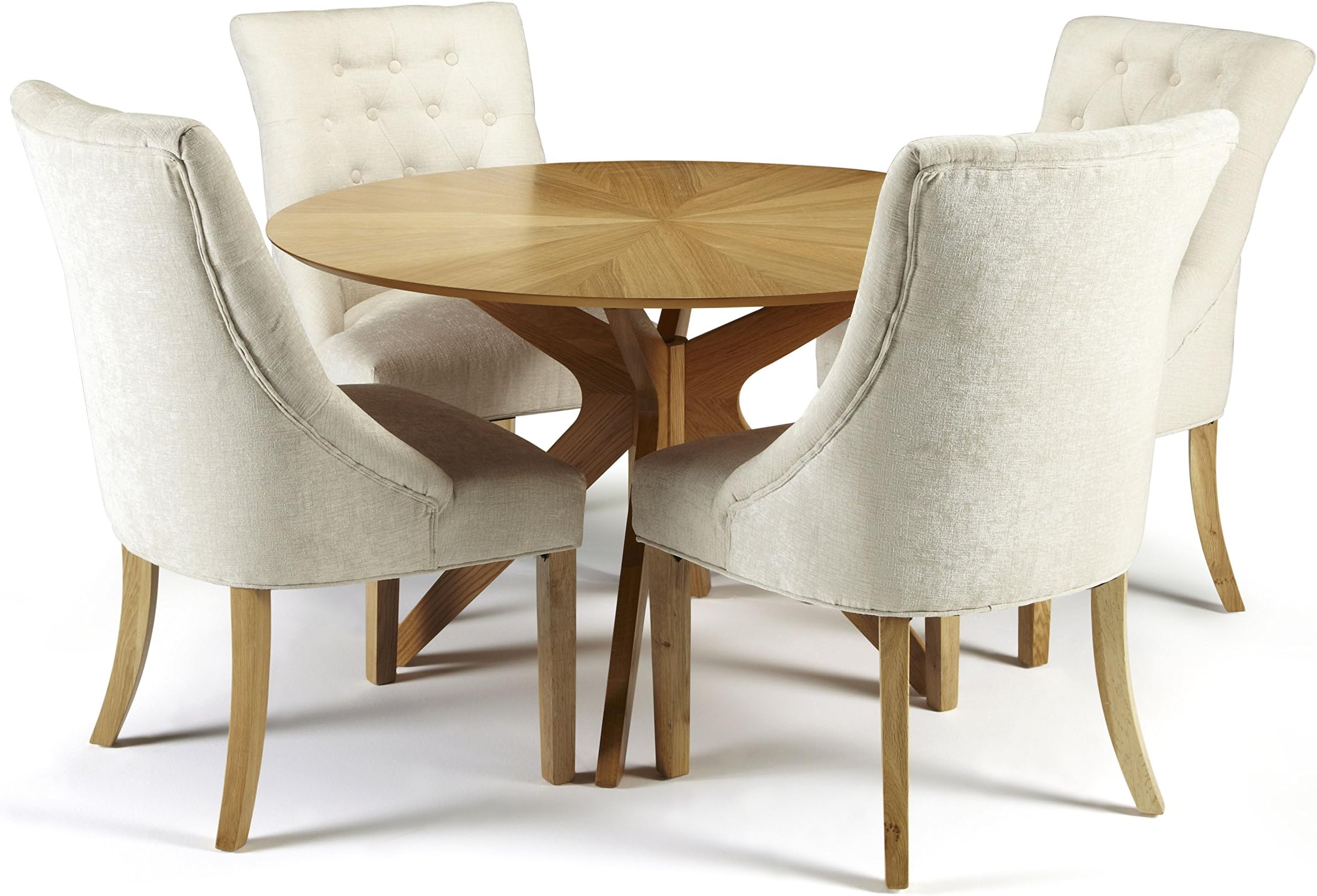Bexley Oak Colour Wood Rounded Dining Table with 4 Hampton Luxurious Pearl Soft Chenille Fabric Dining Chairs and Table Sets Ideal for All Settings