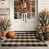 Sungea Fall Front Door Mat 3x5 Buffalo Plaid Checkered Outdoor Rug Doormat | Black and Tan Cotton Hand-Woven Foldable Washable Reversible Layered Welcome Mat for Entrance Entryway Patio Porch Home Decor