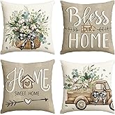 AVOIN Colorlife Bless Our Home Farmhouse Eucalyptus Leaves Throw Pillow Covers, 16 x 16 Inch Truck Home Sweet Cushion Case Decorations Set of 4