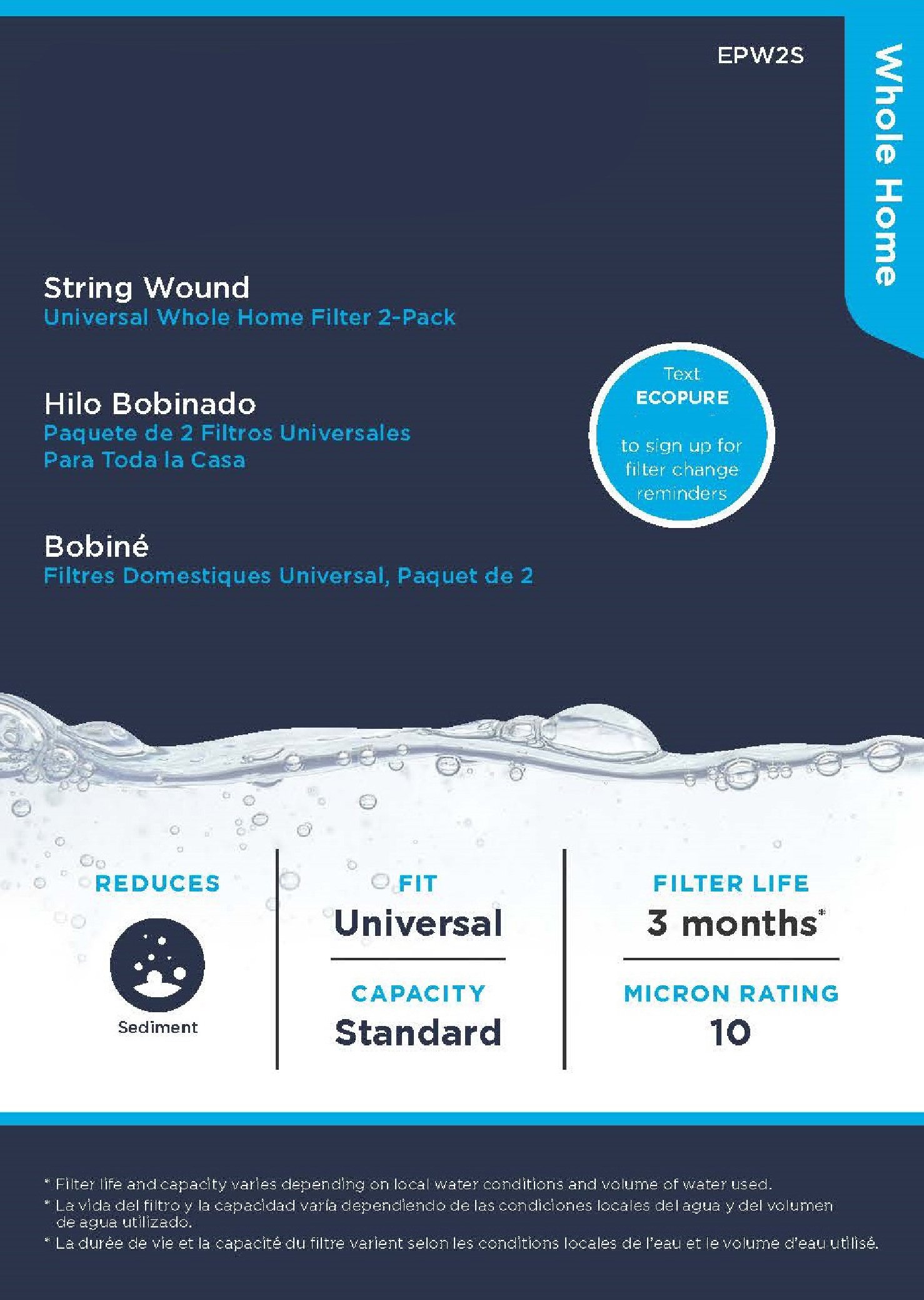 EcoPure EPW2S String Wound Whole Home Replacement Water Filter - Universal Fit - Fits Most Major Brand Systems (2 pack)