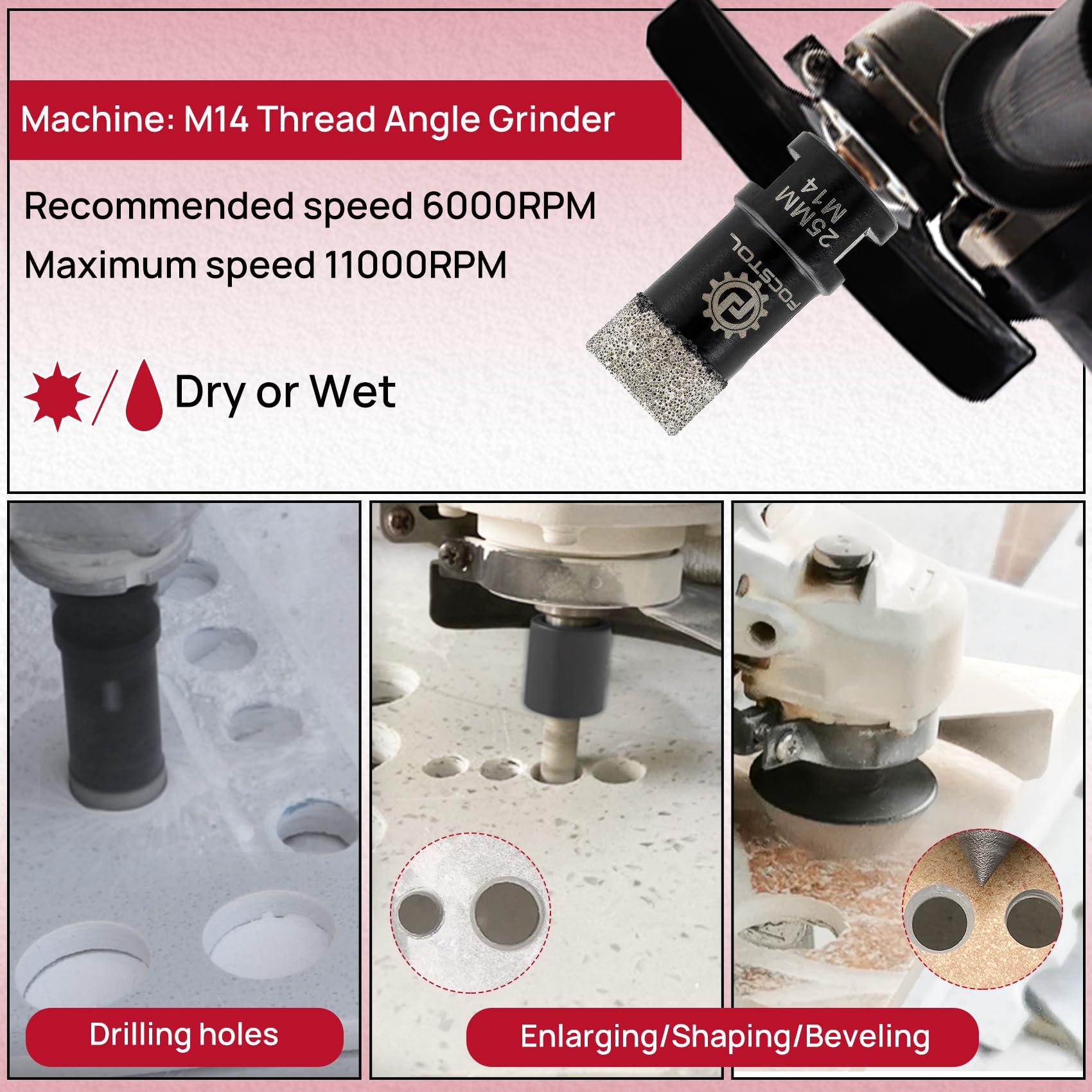 FOCSTOL Diamant Fliesenbohrer Set - 6/8/10/25/35/50/68mm+10mm Fingerfräser+50mm Fasenbohrer+Sechskantschaft Adapter für Porzellan Keramik Fliese Marmor Granit Stein Quarz Packung mit 10 4