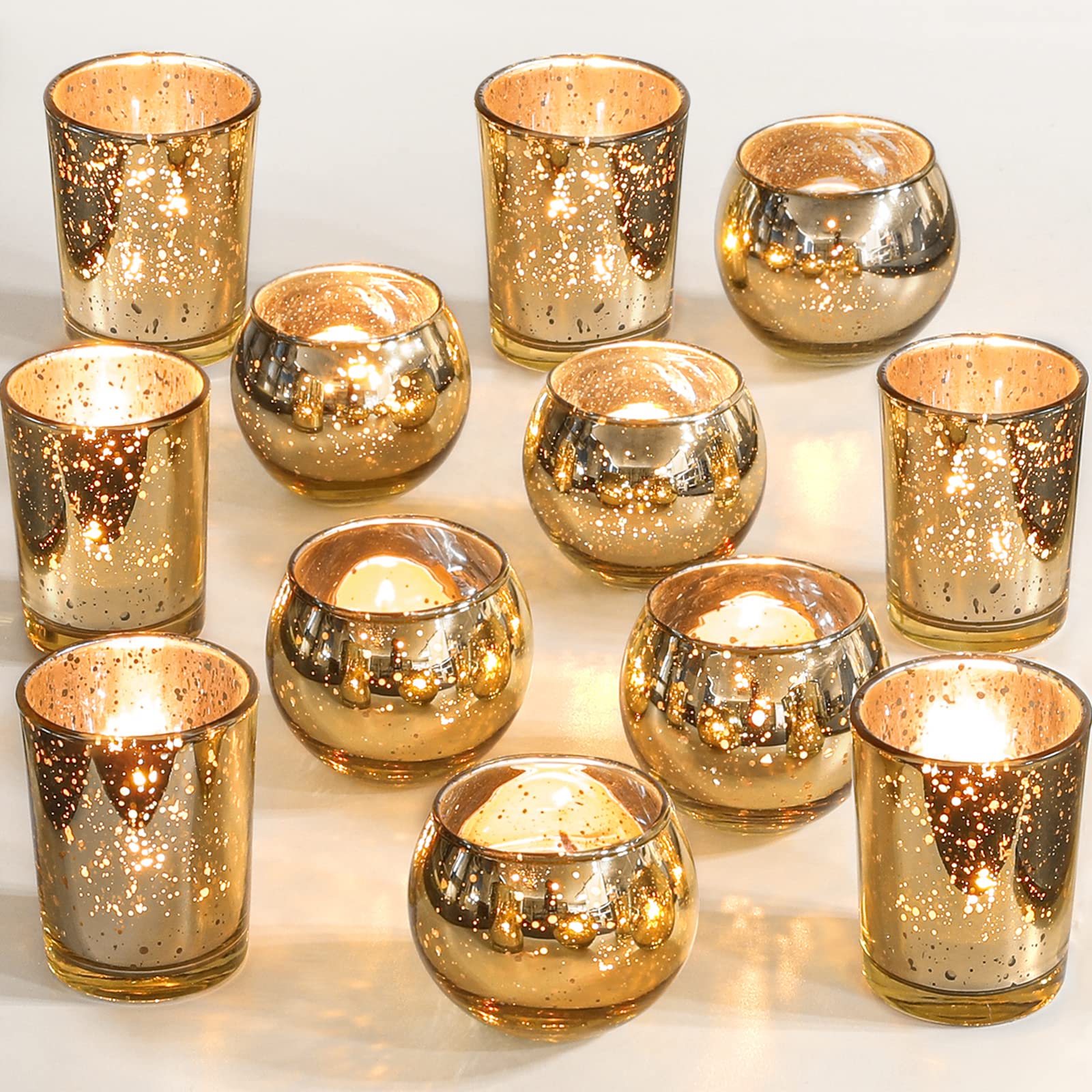 Photo 1 of Gold Votive Candle Holders 12Pcs Assorted Gold Mercury Glass Votives Tealight Candle Holders for Table Centerpiece Wedding Bridal Shower Engagement Party Festival Holiday Home Decor