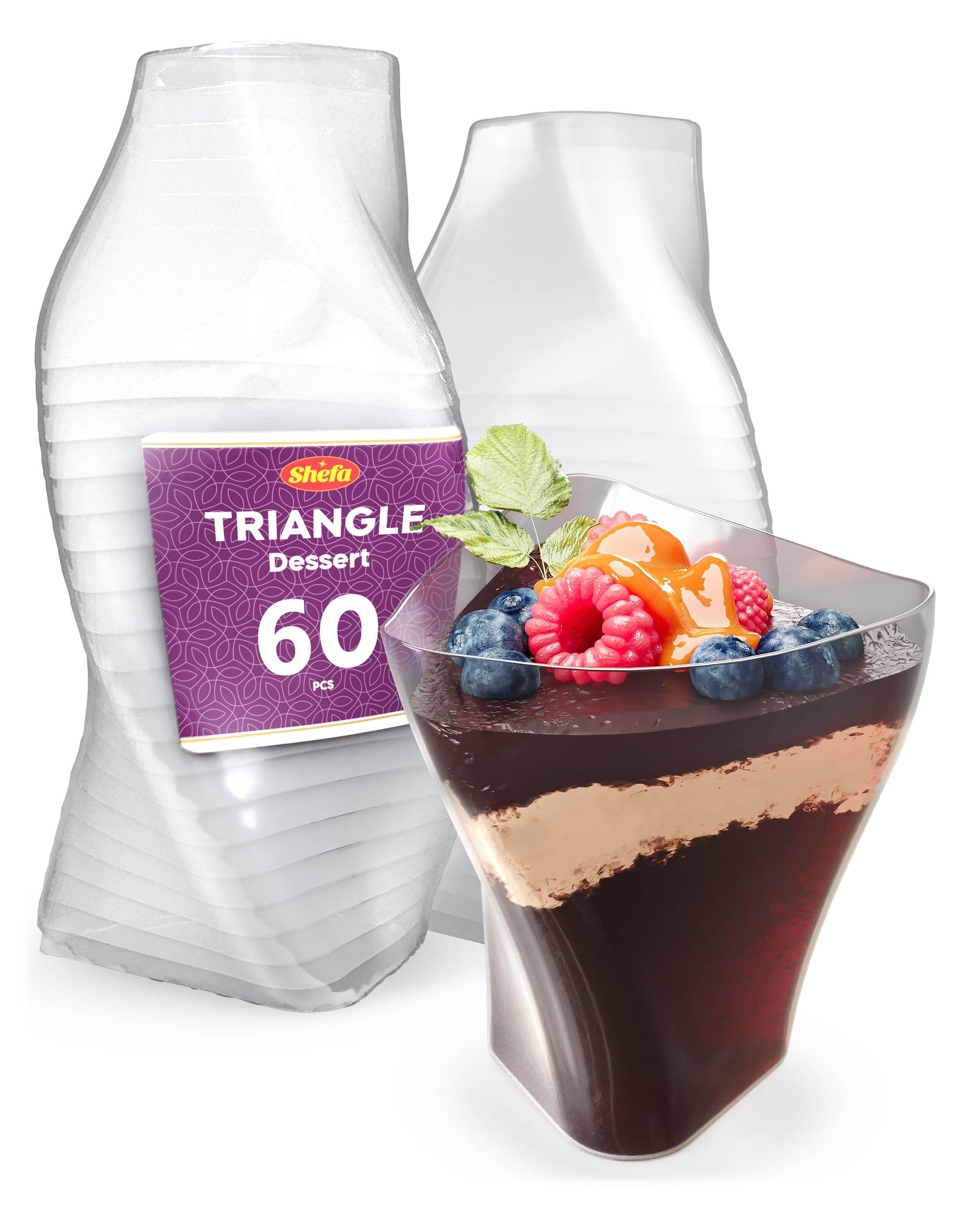 Shefa 60pcs Mini Dessert Cups Set, 70ml Plastic Triangle Dessert Cups Clear Parfait Appetizer Glasses, Reusable Serving Bowl for Sweet Desserts, Chocolate Mousse, Yogurt, Pudding, Jelly for Party