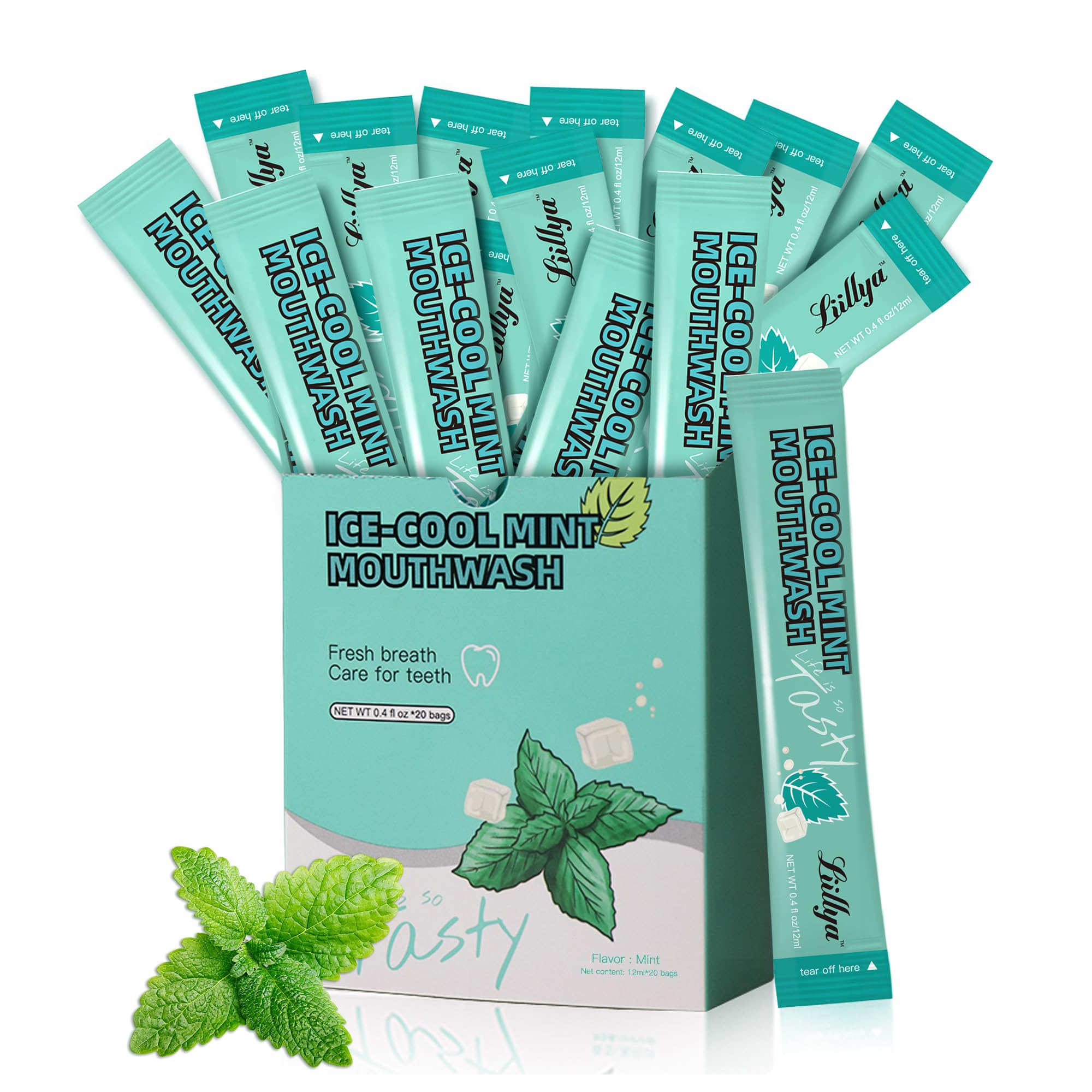 Liillya Mouthwash Travel Size, Individual Mini Mouthwash Alcohol Free, Fresh Breath, Oral Care, Teeth & Gum Health, TSA Compliant, Portable Packets to Go, Travel Sachets, 0.41 Fl Oz x 20 Packs, Mint