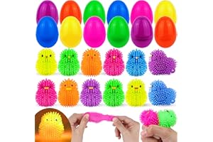 GRASTFU 12 Pack Easter Eggs Filled LED Chick Duck Puffer Balls Easter Egg Fillers Toys, Light Up Stress Relief Fidget Toys Squeeze Ball Easter Basket Stuffers for Kids Boys Girls Easter Eggs Hunt Party Favors