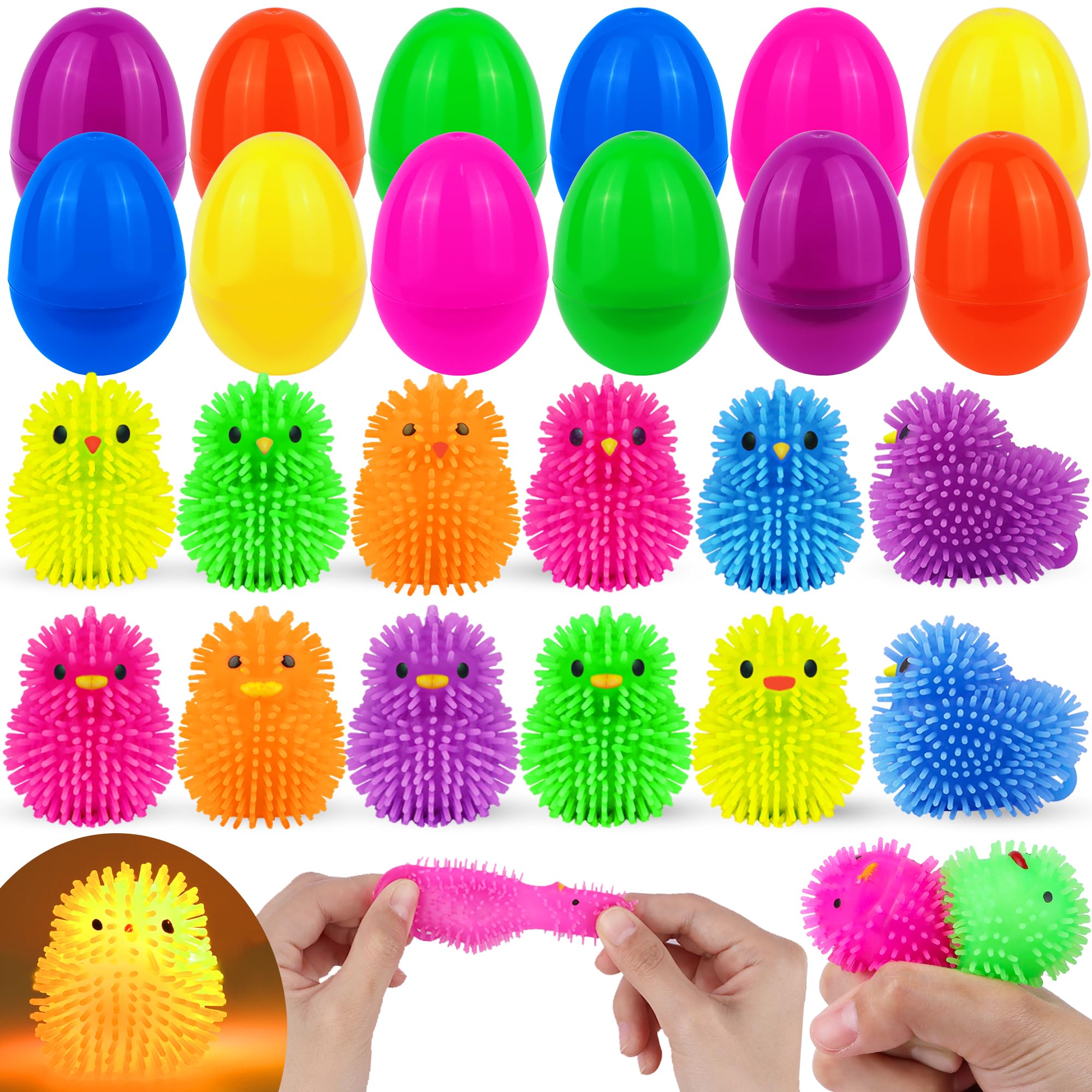 Photo 1 of 12 Pack Easter Eggs Filled LED Chick Duck Puffer Balls Easter Egg Fillers Toys, Light Up Stress Relief Fidget Toys Squeeze Ball Easter Basket Stuffers for Kids Boys Girls Easter Eggs Hunt Party Favors
