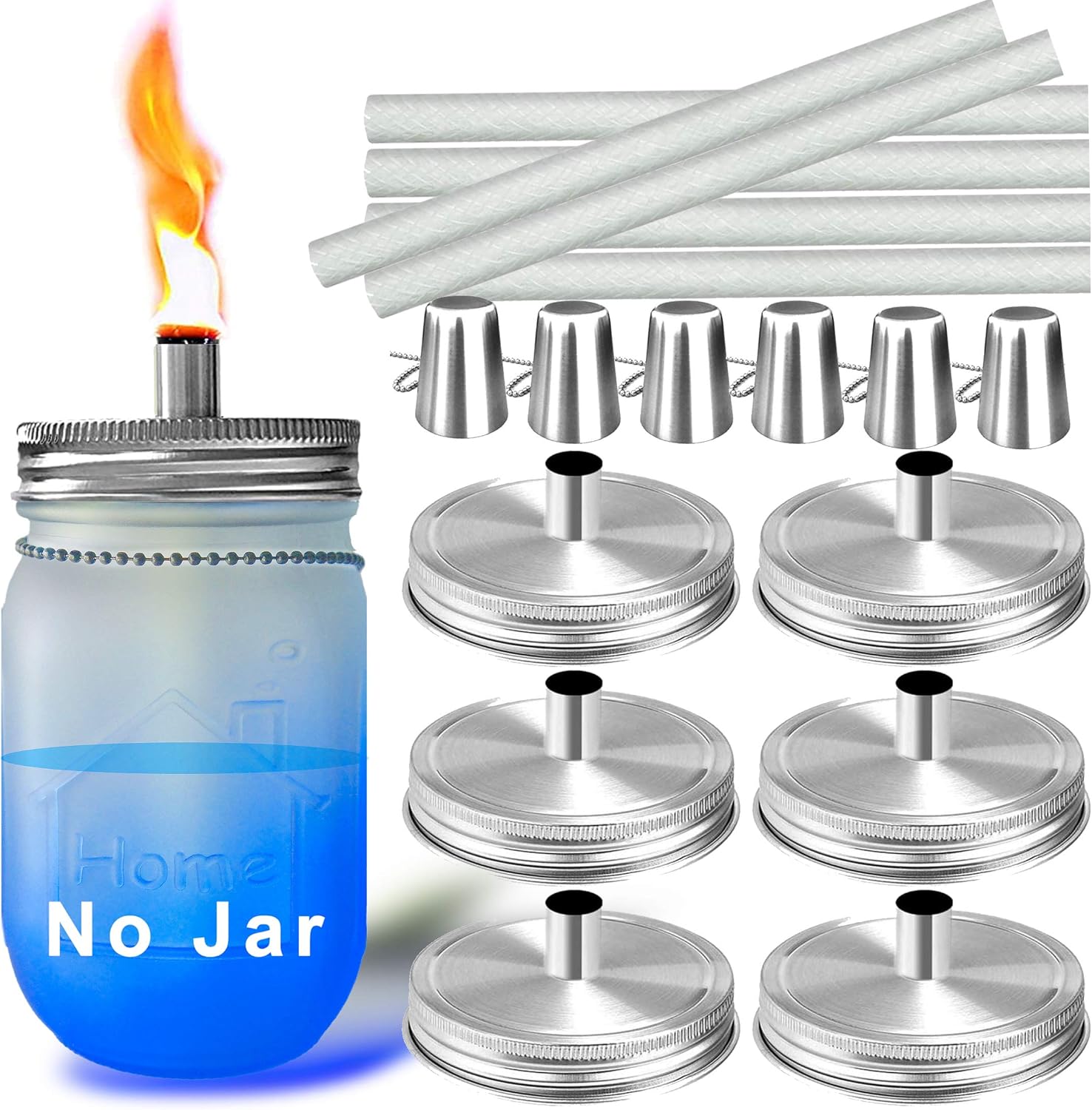 Oil Lamps & Accessories - Aikeve Mason Jar Tabletop Torches Kits,6 Pack Regular Mouth Lids with Protective Tube,Long Life Fiberglass Wicks and Caps,Outdoor Oil Lamp Lights for Patio Garden Camping Decor(Silver)