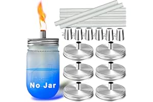 AIKEVE Mason Jar Tabletop Torches Kits,6 Pack Regular Mouth Lids with Protective Tube,Long Life Fiberglass Wicks and Caps,Outdoor Oil Lamp Lights for Patio Garden Camping Decor(Silver)
