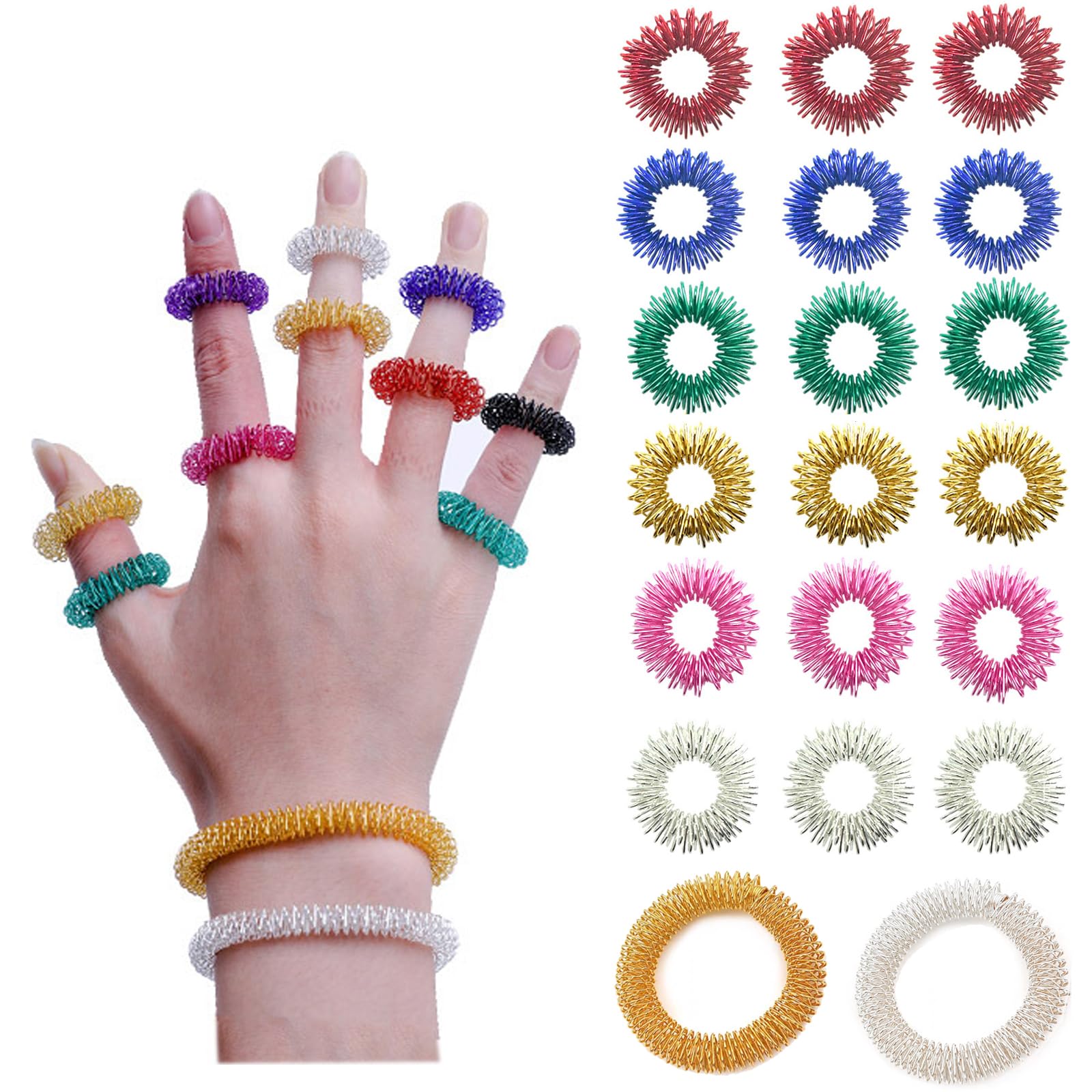 WUDQIJI Massage Rings for Fingers, 18 Pieces, Acupressure Ring Set, Anti-Stress Finger Massage Ring with 2 Pieces, Bracelet, Stress Relief for Acupressure, Promotes Blood Circulation