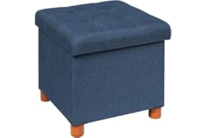 B FSOBEIIALEO Storage Ottoman with Tray, Foot Stools and Ottomans with Wooden Feet, Storage Cube Seat Linen Blue 15"