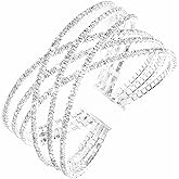 Jojomina MultiLayer Crystal Rhinestone Cuff Bracelet For Women Girls Silver Strand Layered Bridal Bracelet Jewelry for Prom Party Wedding Dating