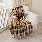 Temminc Pure Wool Plaid Throw Blanket - Warm Throw for Couch, Travel Outdoor Camping Blankets, Portable Lightweight Travel Blanket Airplane Compact with Bag/Chocolate Brown