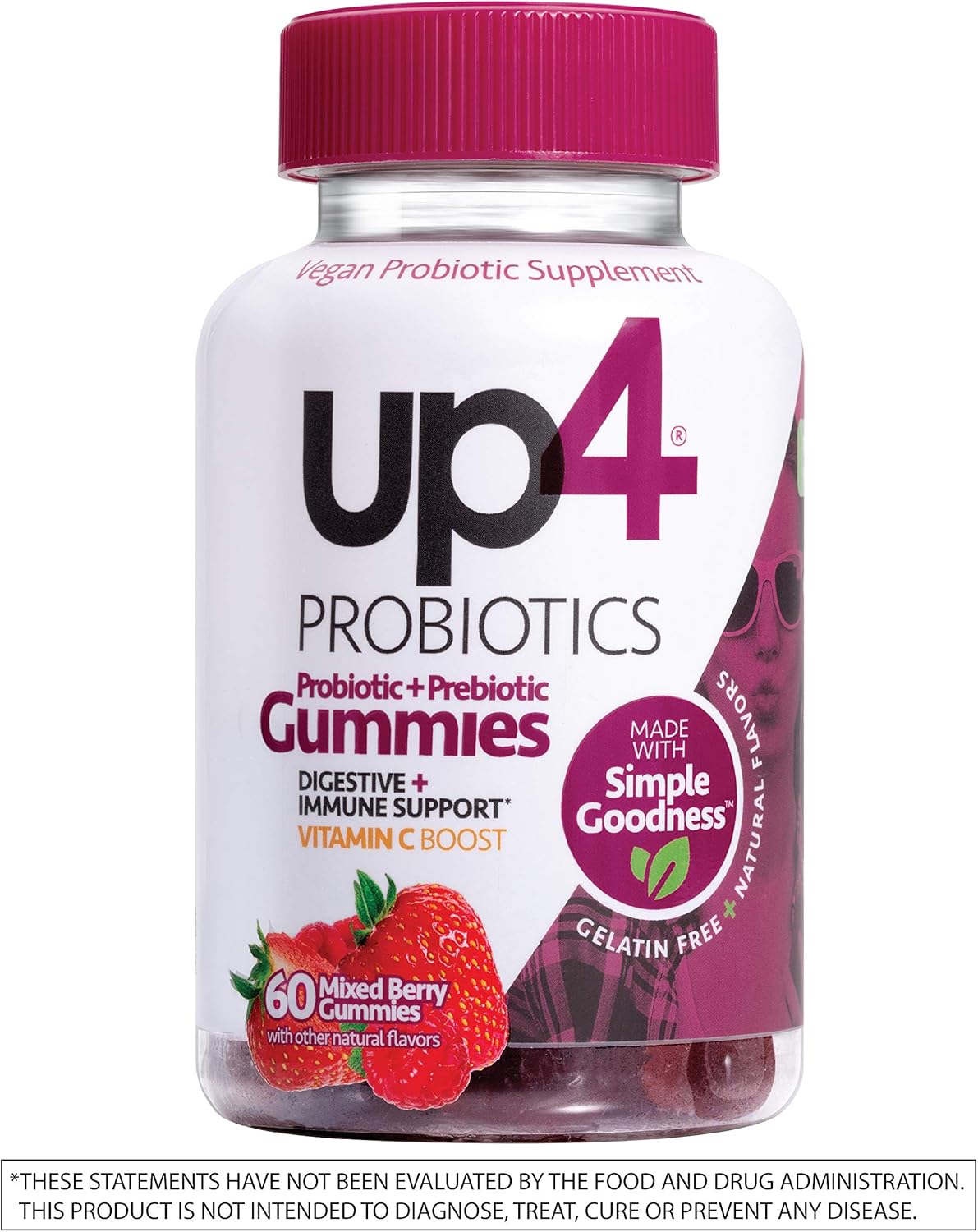 up4 Probiotic Gummies for Adults | Digestive and Immune Support | Gelatin-Free, Vegan, Non-GMO| with prebiotic and Vitamin C | 60 Count: Health & Personal Care