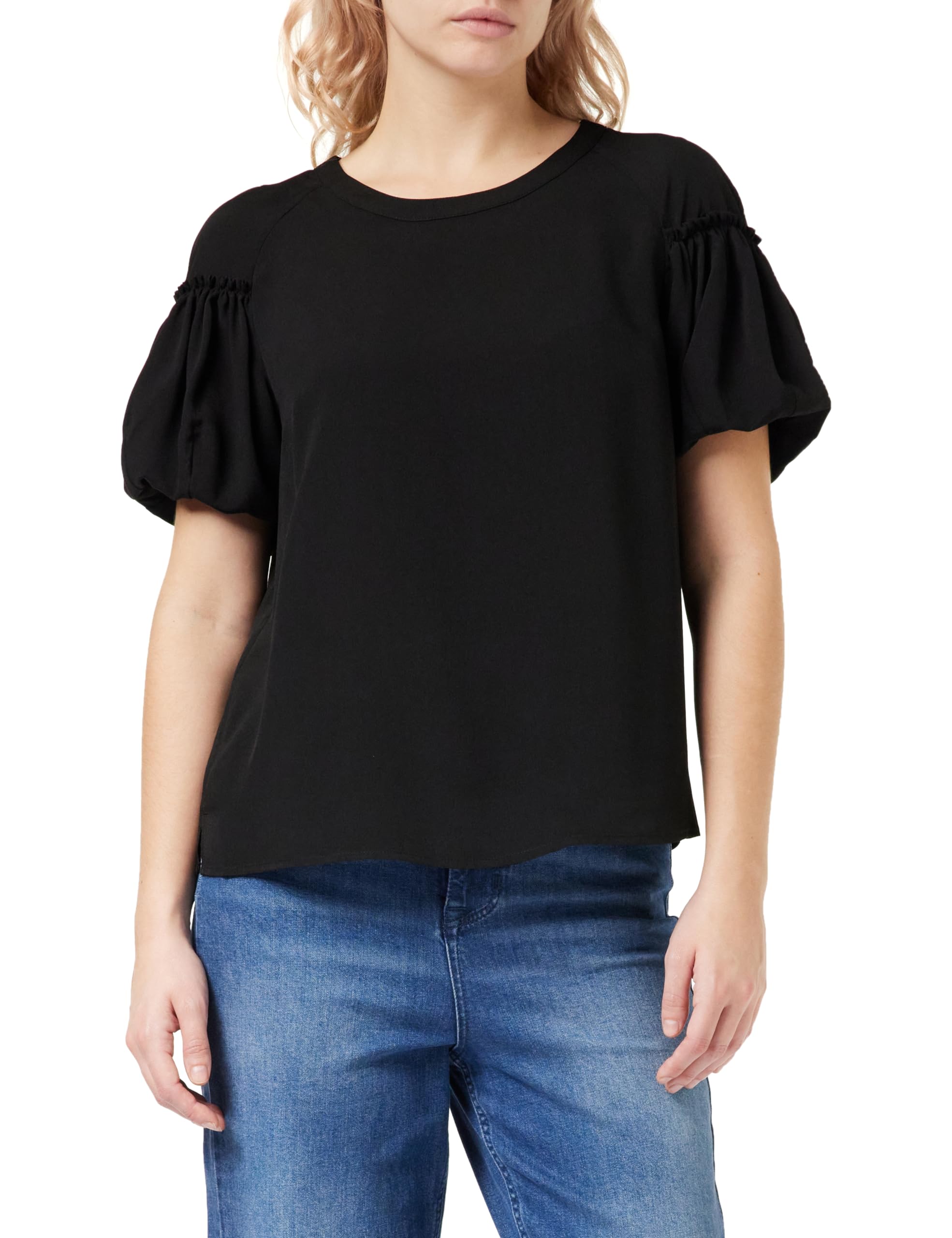 French Connection Women's Crepe Light Puff Sleeve TOP Blouse, Black, M