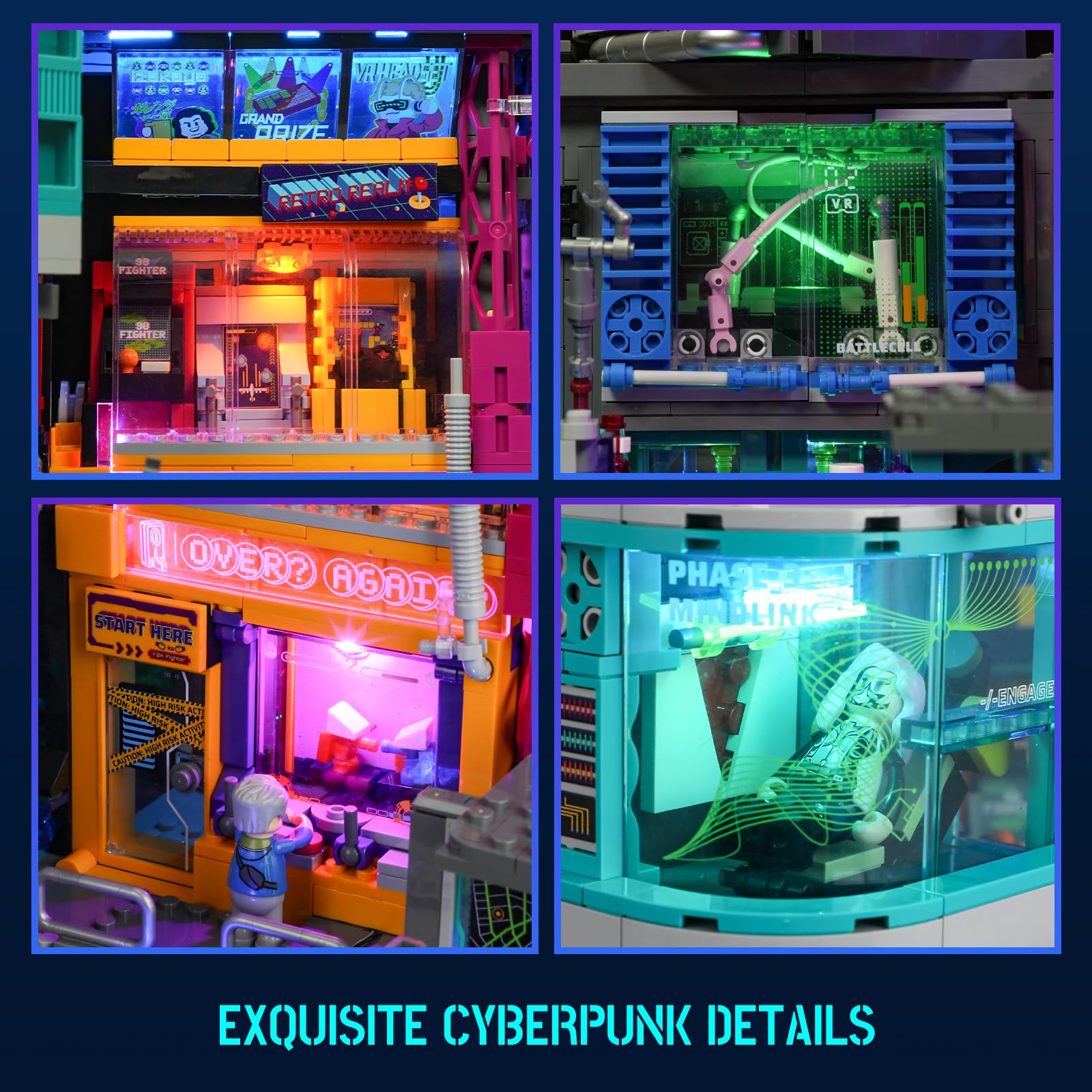 Lumibricks Cyberpunk Spielhalle Licht Bausteine Set – 2580 Klemmbausteine, Modulares Gebäude mit abnehmbaren Mechanismen, Geschenkidee für Erwachsene & Sci-Fi Fans 4
