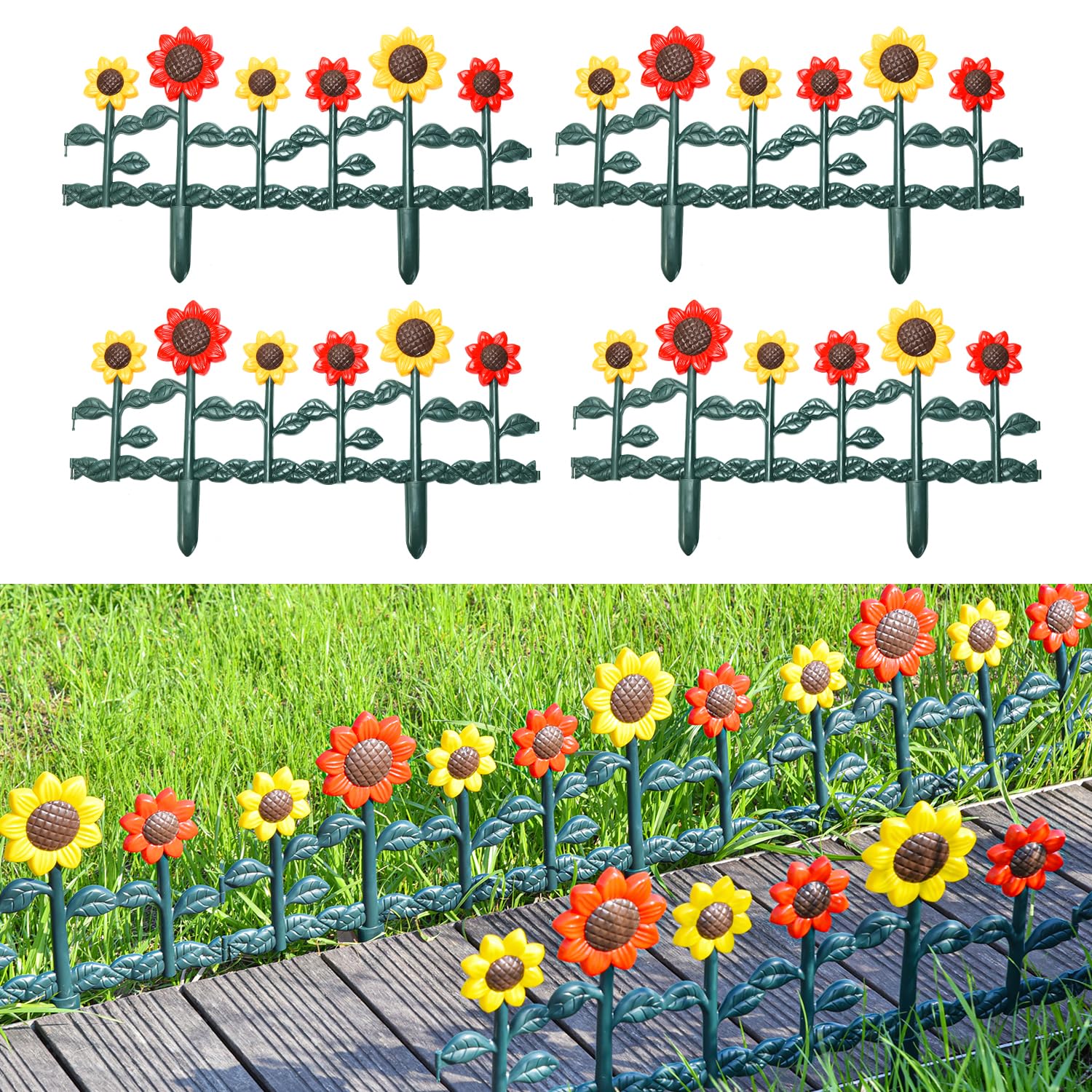 Sungmor Garden Path Picket Fence Panels, Lightweight Plastic Sunflower Small Borders Edging, Overall 8.9 Inch High & 98 Inch Length, Decorative Pretty Fencing for Lawn, Flower Beds, Tree, Pets, Grave