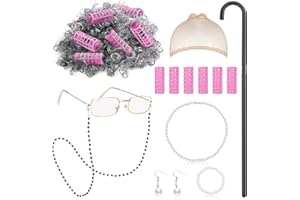 RUNPON Old Lady Wig Costume Set, 8 Pcs Granny Cosplay Wig with Cane Grandmother Wig Granny Glasses Eyeglass Chain Pearl Necklace Bracelet Earrings for Halloween Christmas Costume Cosplay (Gray Curly Wig)