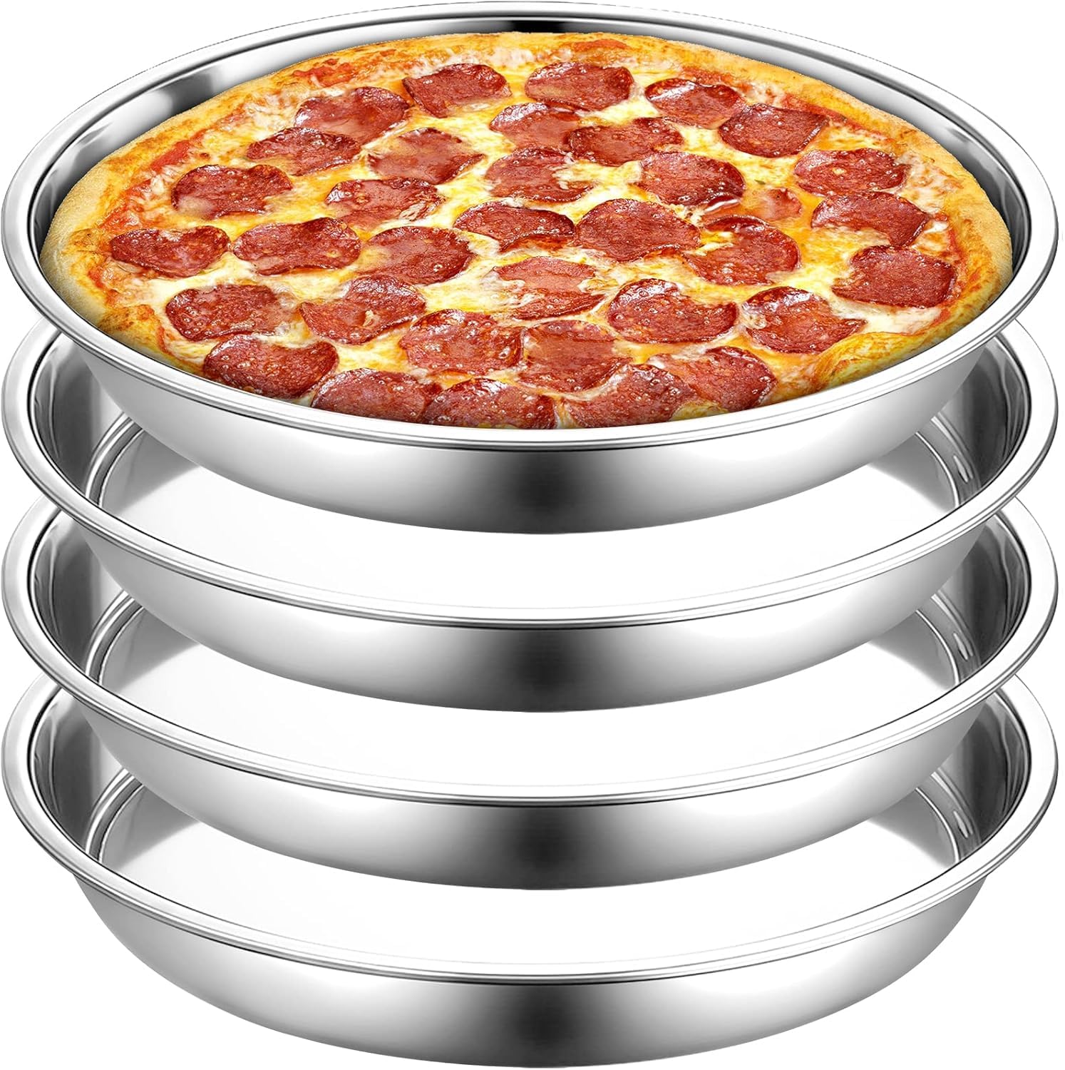 Elsjoy 4 Pack 33cm Stainless Steel Pizza Pan, Deep Round Baking Pan Large Pizza Baking Tray, Heavy-Duty Pizza Dish Non-Stick Baking Sheet for Oven, Dishwasher Safe